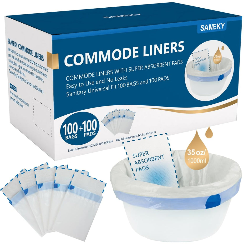 Commode Liners with Absorbent Pads | 100Bags+100Pads for Bedside Toilet Chair Bucket | Universal Fit | Bedside Commode Liners and Pads(100Bags + 100Pads)
