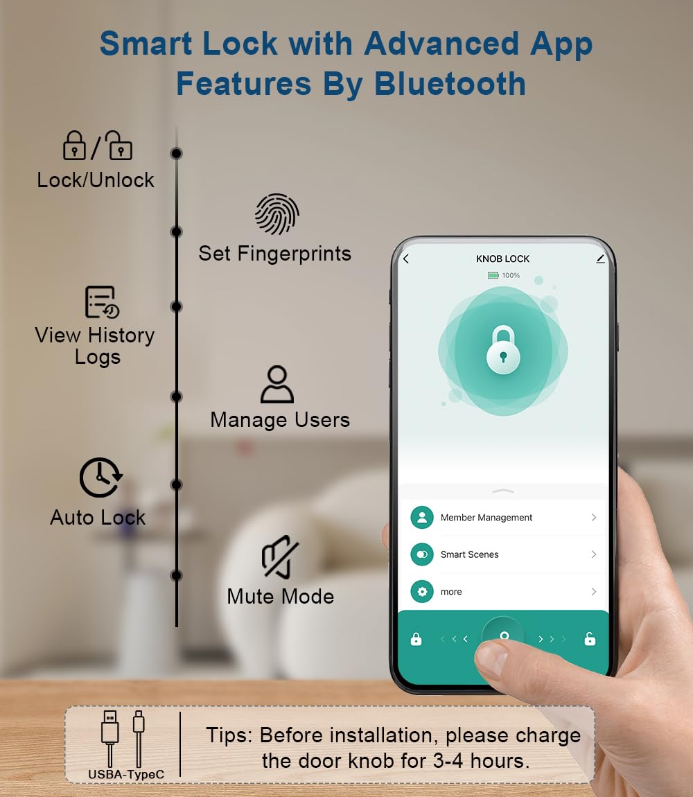 Fingerprint Door Lock, Smart Fingerprint Door Knob with Keypad, Biometric Door Lock with App Control, Auto Lock Door Lock with Code, Keyless Door Knob with Lock for Bedroom, Home-K10plus Matte Black