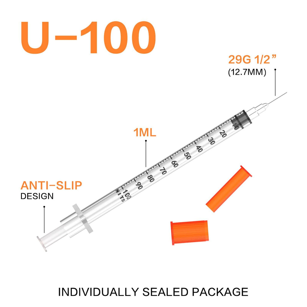 U-100 Syringes with Needle 1ml/cc 29G 1/2'' Disposable Syringe, Individual Wrapped, 100 PACK