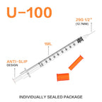 U-100 Syringes with Needle 1ml/cc 29G 1/2'' Disposable Syringe, Individual Wrapped, 100 PACK