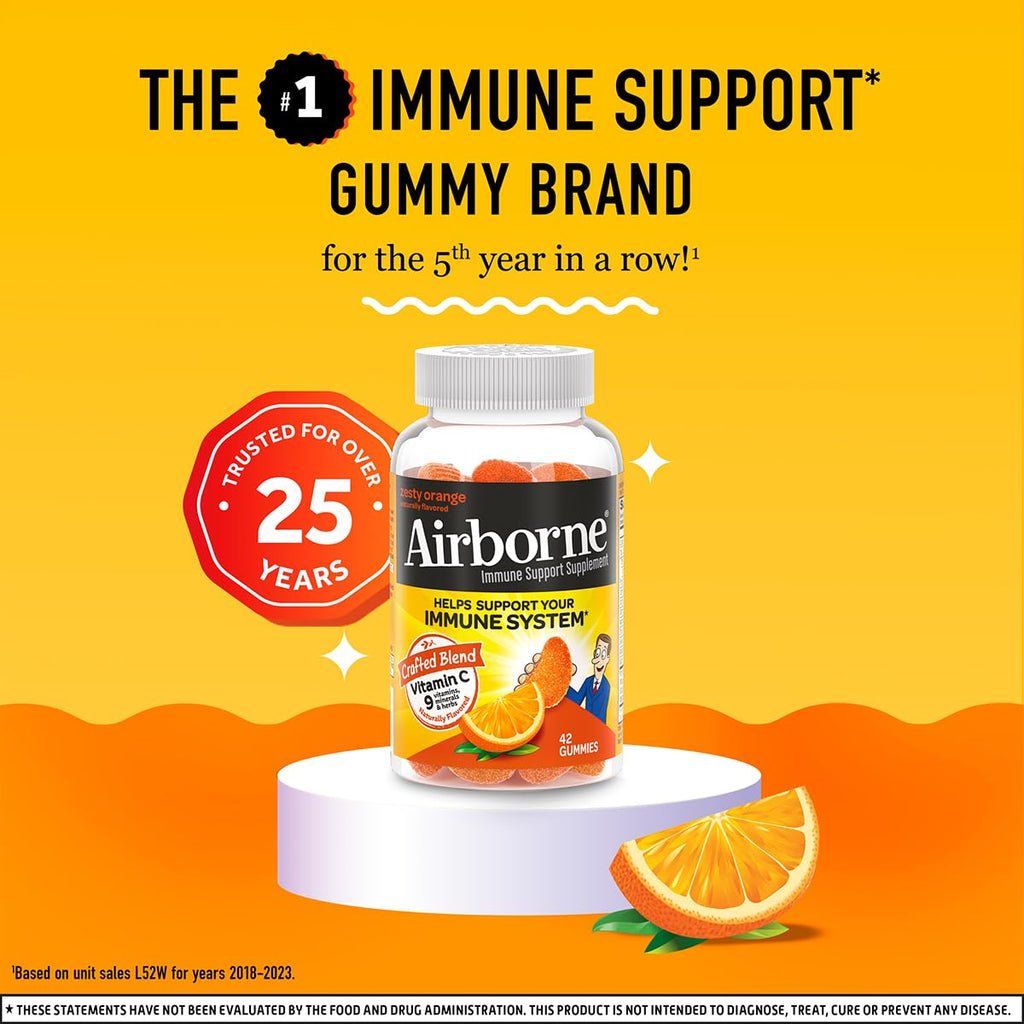 Airborne 750mg Vitamin C Immune Support Supplement Gummies for Adults, Zesty Orange Flavor, Gluten Free Crafted Blend with Powerful Antioxidants Vitamins C & E, 42 Gummies (2 Pack)