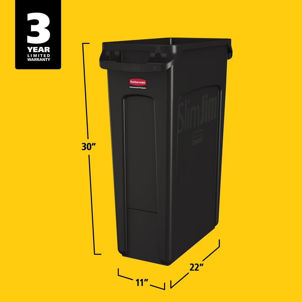 Rubbermaid Commercial Products Slim Jim Plastic Rectangular Trash/Garbage Can With Venting Channels, 23 Gal, Black, for Kitchen/Office/Workspace