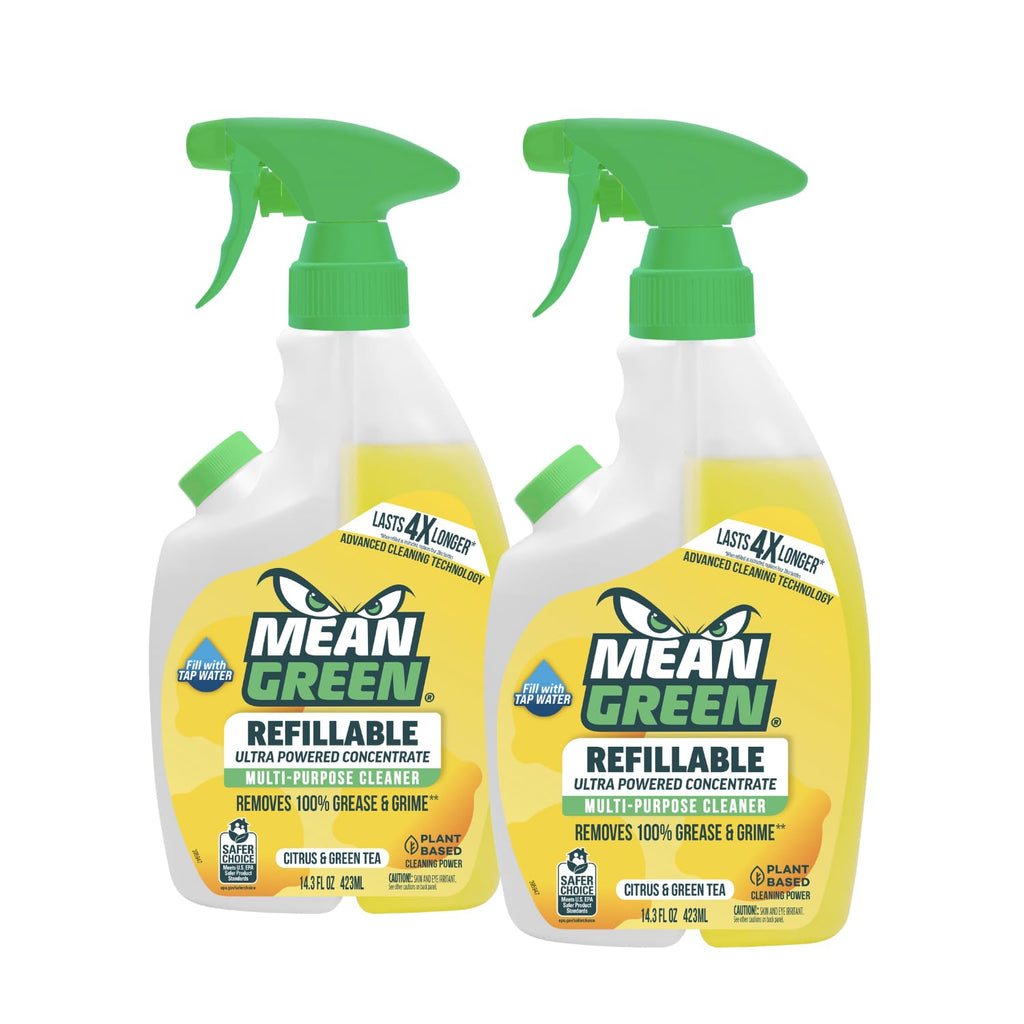 Mean Green Refillable Ultra Powered Multi-Purpose Cleaner Concentrate, Citrus & Green Tea, 14.3 fl oz (2-Pack) – Plant & Mineral Based, Cuts Through Grease & Grime, Refillable Bottle Makes 4X Refills