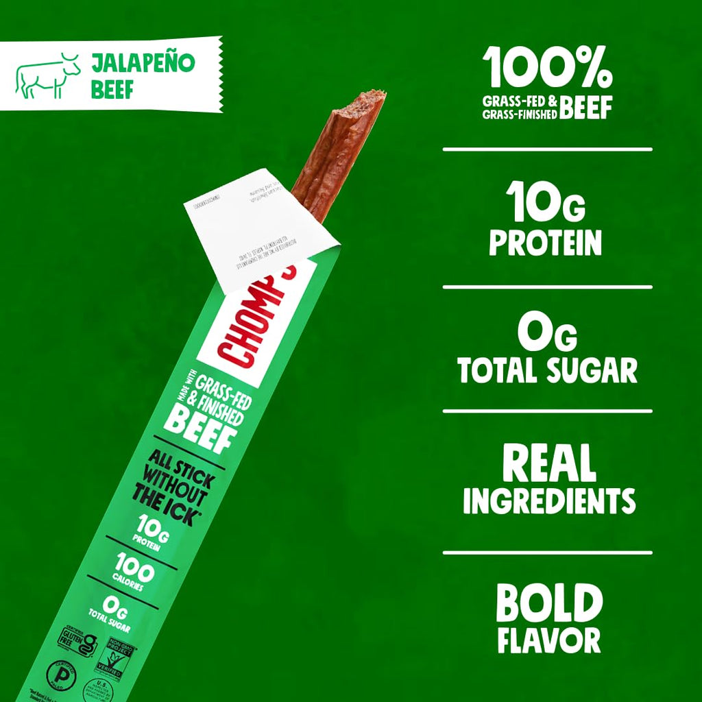 Chomps Jalapeño Beef, Grass-Fed & Finished, 10ct, Protein Snack Stick