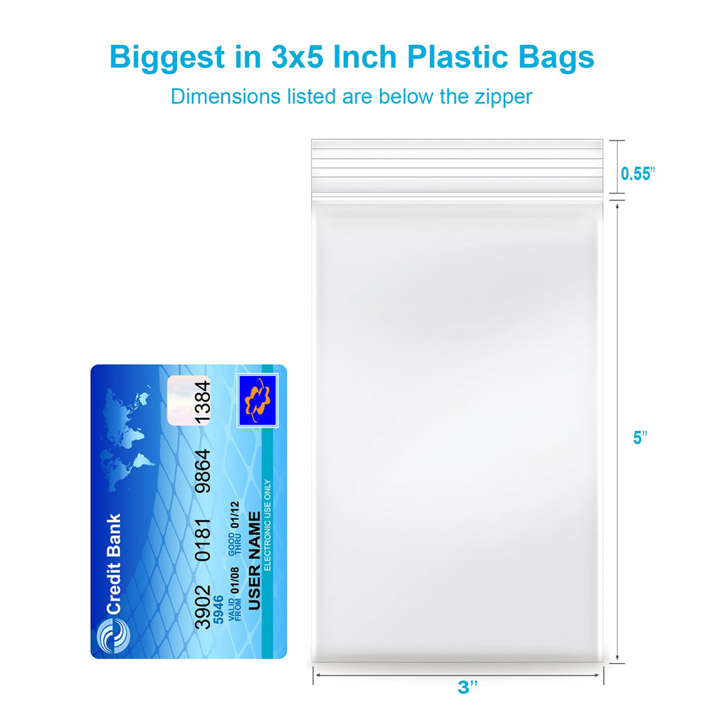 3''x 5'', (Pack of 100) 2 mil Thick Clear Plastic Reclosable Zip Poly Bags with Resealable Lock Seal Zipper for Photo, Jewelry, Bakery, Treats, Travel, Storage, Packaging & Shipping