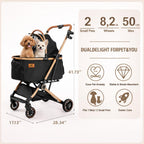 PAWPUBBY 6-in-1 Pet Stroller for Medium Dogs up to 50 lbs, Luxury Black & Gold Dog Stroller with Detachable Carrier, Foldable Travel Cat Stroller, Removable Pet Car Seat, 360° Rotating Wheels