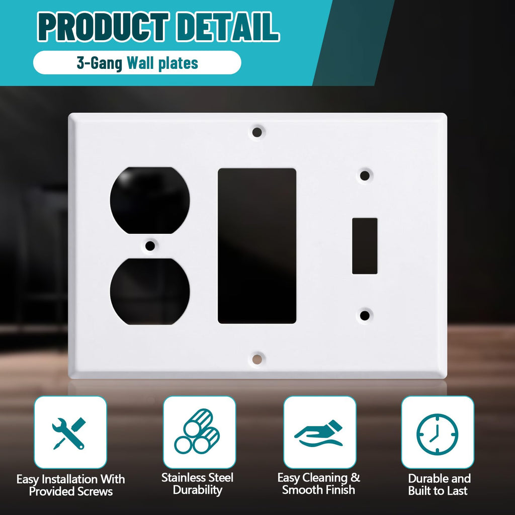 Kingdder 1 Pcs 3-gang 1-toggle 1-decorator 1-duplex Wall Plate Standard Size Stainless Steel White Light Switch Plate Gloss Finish 4.50" x 6.38" Corrosion-resistant Gfci Outlet Receptacle