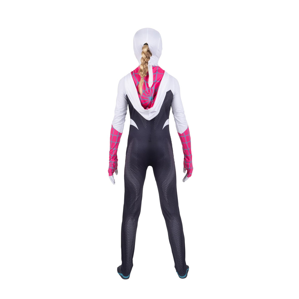 MARVEL Spider-Gwen Official Youth Zentai Halloween Costume - Hooded Spandex Jumpsuit with Printed Design and Pull On Spandex Mask (M)