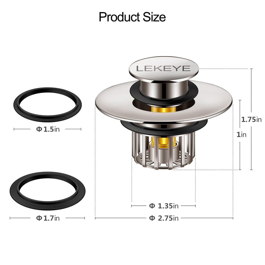LEKEYE Tub Stopper | Shower Drain Hair Catcher | Pop-up Drain Stopper with Strainer | Bathroom Bathtub Plug | Drain Protector for 1-1/2 to 1-3/4" Bath Drain Hole - Brushed Nickel