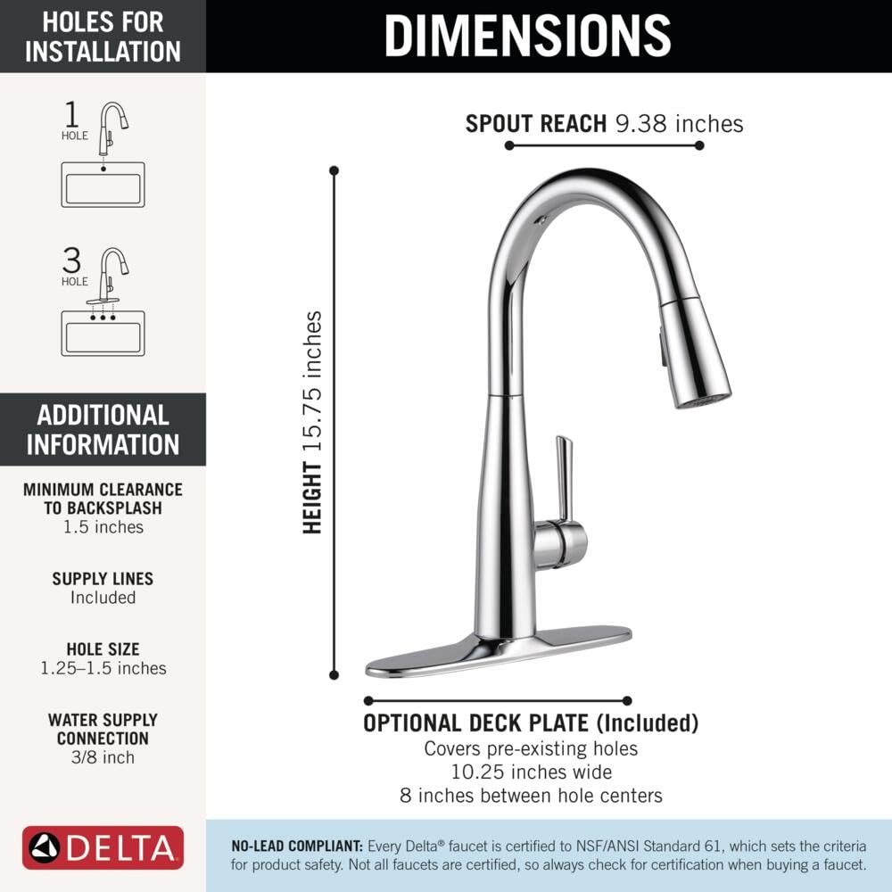 Delta Essa Chrome Kitchen Faucet with Pull Down Sprayer, Modern Single Hole Kitchen Sink Faucet, Single Handle, Chrome 9113-DST