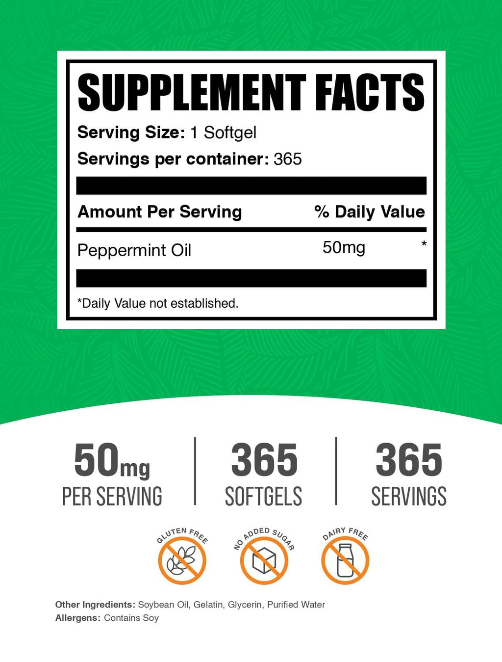 BulkSupplements.com Peppermint Oil Softgels - Peppermint Supplement, Peppermint Oil Pills, Peppermint Oil Capsules 50mg - Gluten Free, 1 Softgel per Serving, 365 Count (Pack of 1)