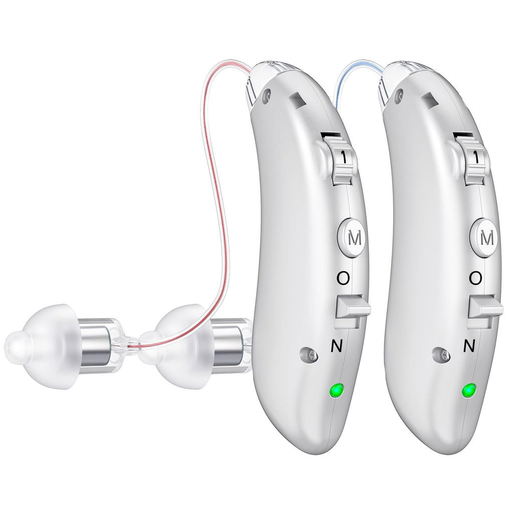 Digital hearing aids for Seniors with noise reduction, rechargeable BTE hearing aid for adults with hearing loss with volume control.