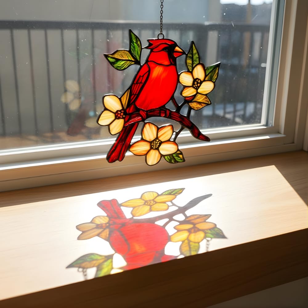 GIKZO Cardinal Resin Suncatcher Size 6 Inches, Boho Stained Glass Effect Memorial Window Hanging Garden Decor, Gift for Mother's Day Mom Grandma Wife Women