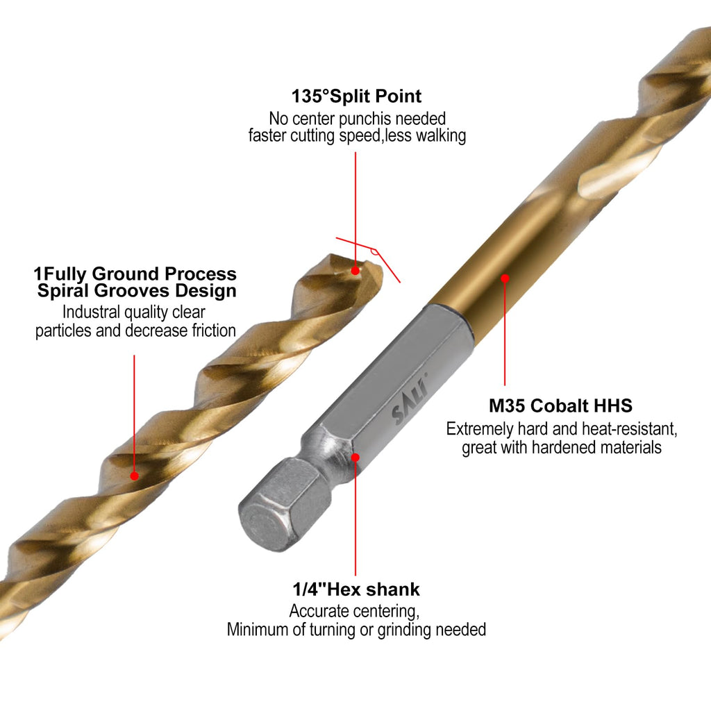 SALI Cobalt Drill Bit Set,10 Pack 15/64 Inch High Speed Steel Hex Shank Jobber Drill Bits, for Hardwood, Aluminum,Metal,Copper,Alloyed Steel