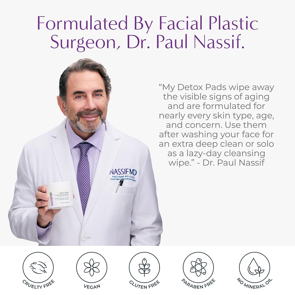NassifMD Exfoliating Detox Pads | Surgeon-Created AHA/BHA Facial Pads for Deep Cleansing, Smoother Texture & Glowing Skin | Reduces Pores, Firms, Brightens