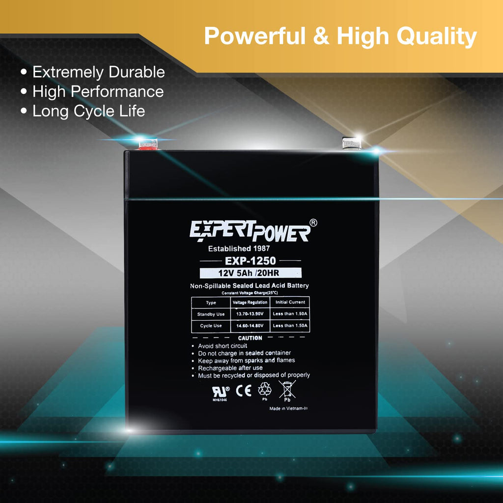 ExpertPower EXP1250-12V 5Ah Rechargeable SLA Battery for Security System, UPS, Garage Door Opener Replacement, Fire Alarm Batteries, Sealed Lead Acid, 12V Battery Backup