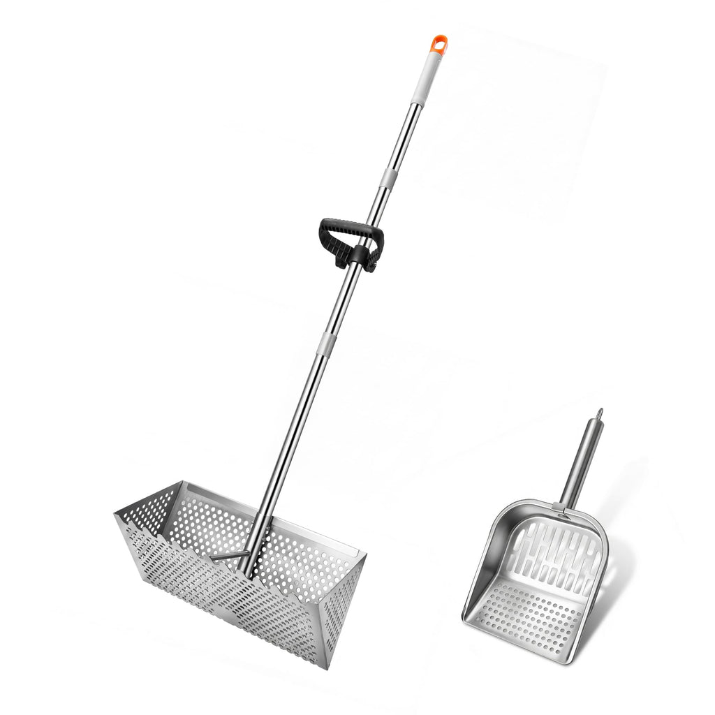 Sand Flea Rake with Beach Mesh Shovel, Detachable Long Handle Sand Sifter for Beach, The Shark Tooth Screen Comes with 16in Width Drain Screen with 52in Handle