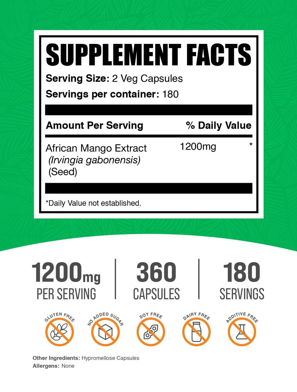 BulkSupplements.com African Mango Extract Capsules - Irvingia Gabonensis, Herbal Supplement - Vegan & Gluten Free, 2 Capsules per Serving (1200mg), 360 Count (Pack of 1)