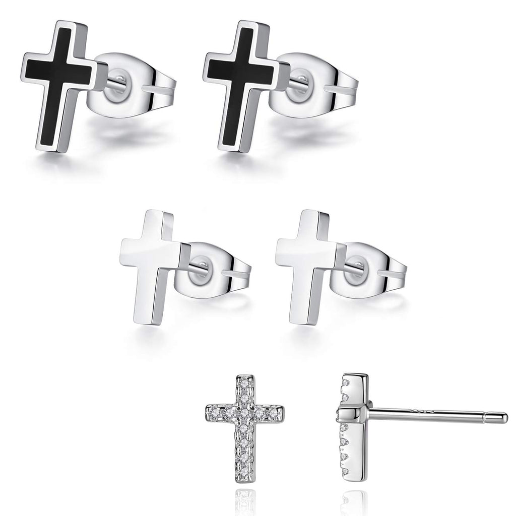 REVEMCN 3-Pair Cross Earrings for Men & Women, Stainless Steel & 925 Silver