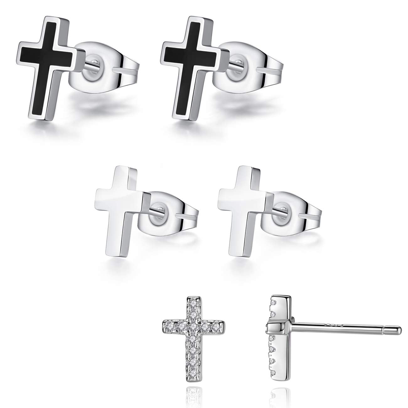 REVEMCN 3-Pair Cross Earrings for Men & Women, Stainless Steel & 925 Silver