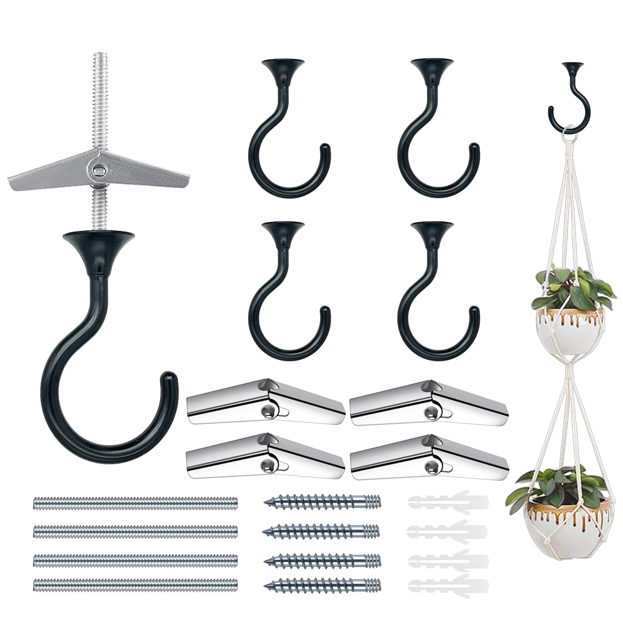 Evsteluo Heavy Duty Ceiling Hooks for Hanging Plants 4 Pack (Black)