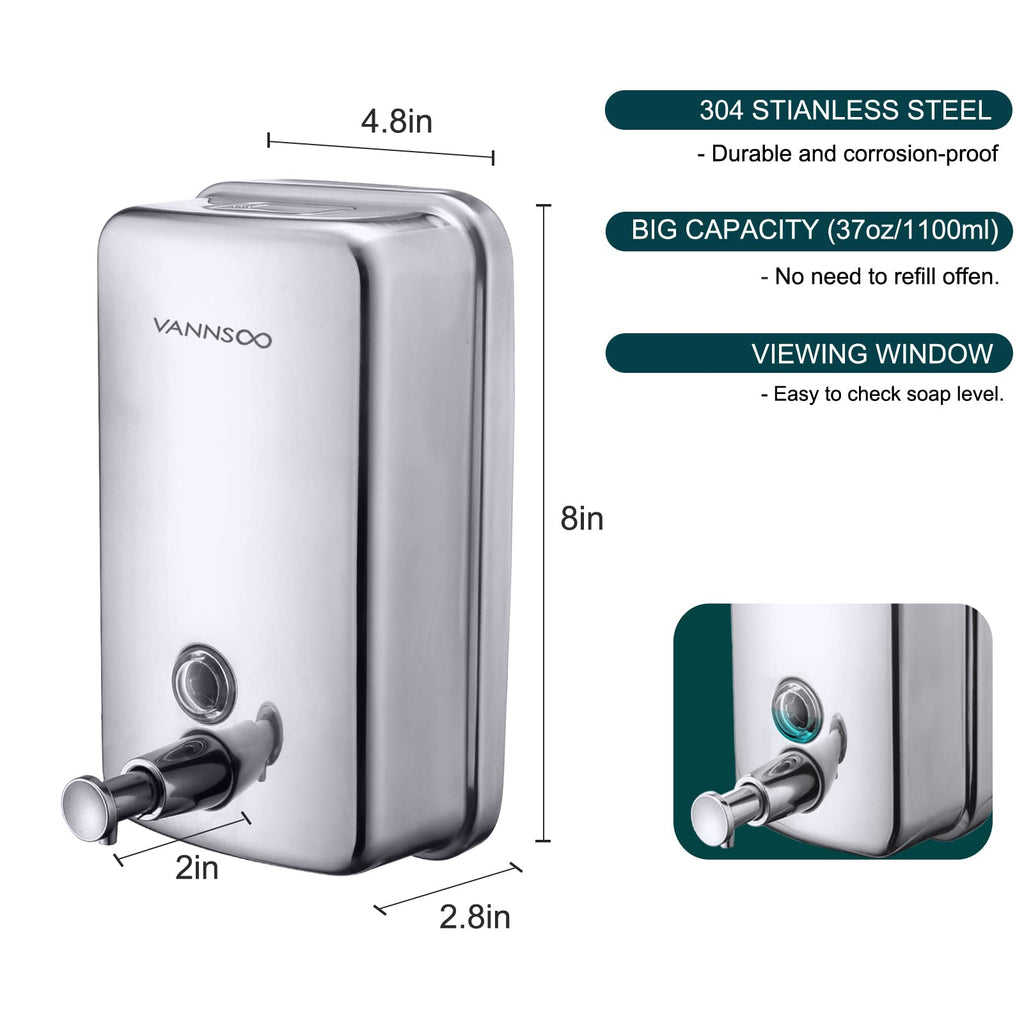 VANNSOO Commercial Soap Dispenser Wall Mount Stainless Steel, 37 fl.oz.