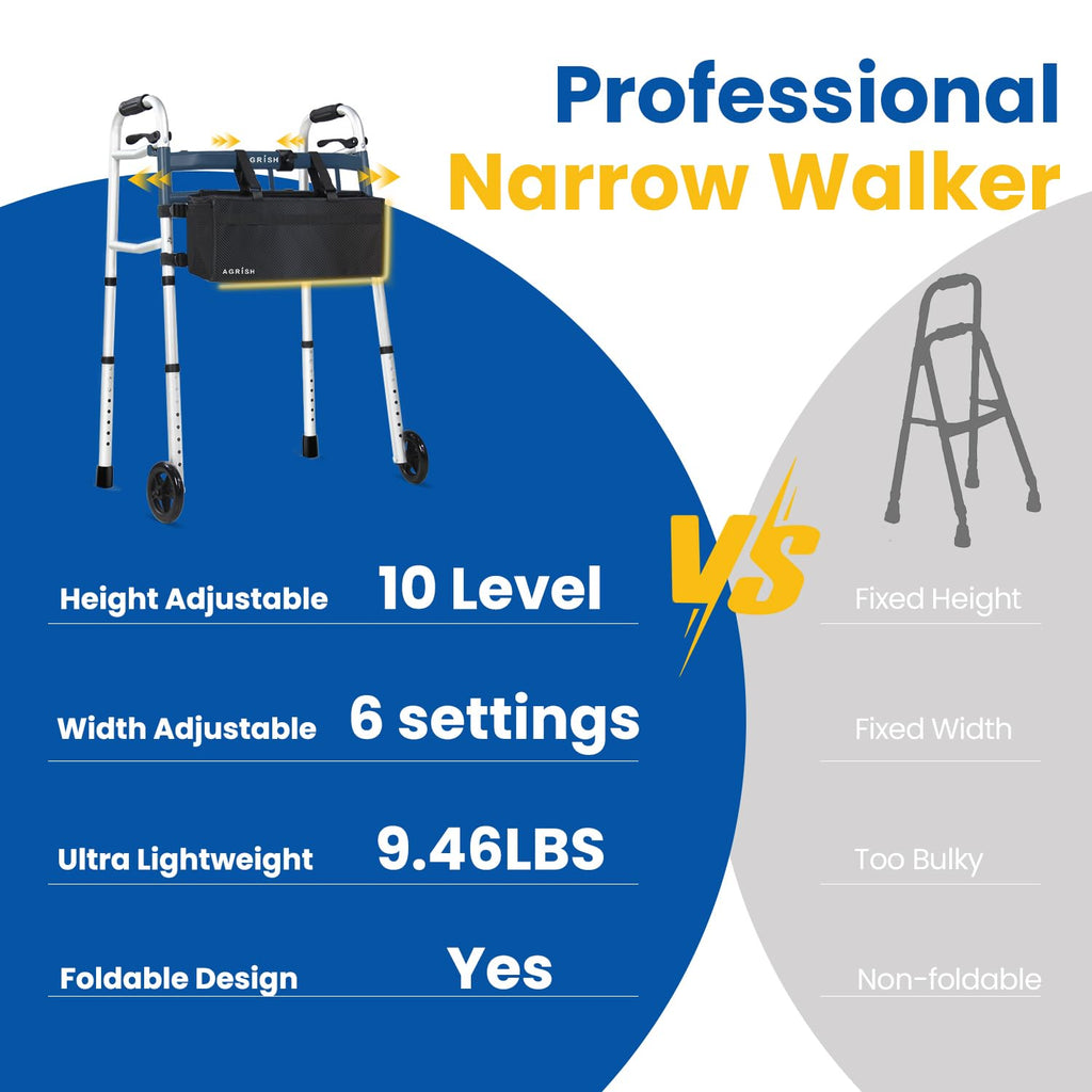 Folding Narrow Walker for Seniors – Width & Height Adjustable Walker with Bag, Lightweight Standard Walker for Elderly, Walkers for Seniors, Disabled, Bariatric