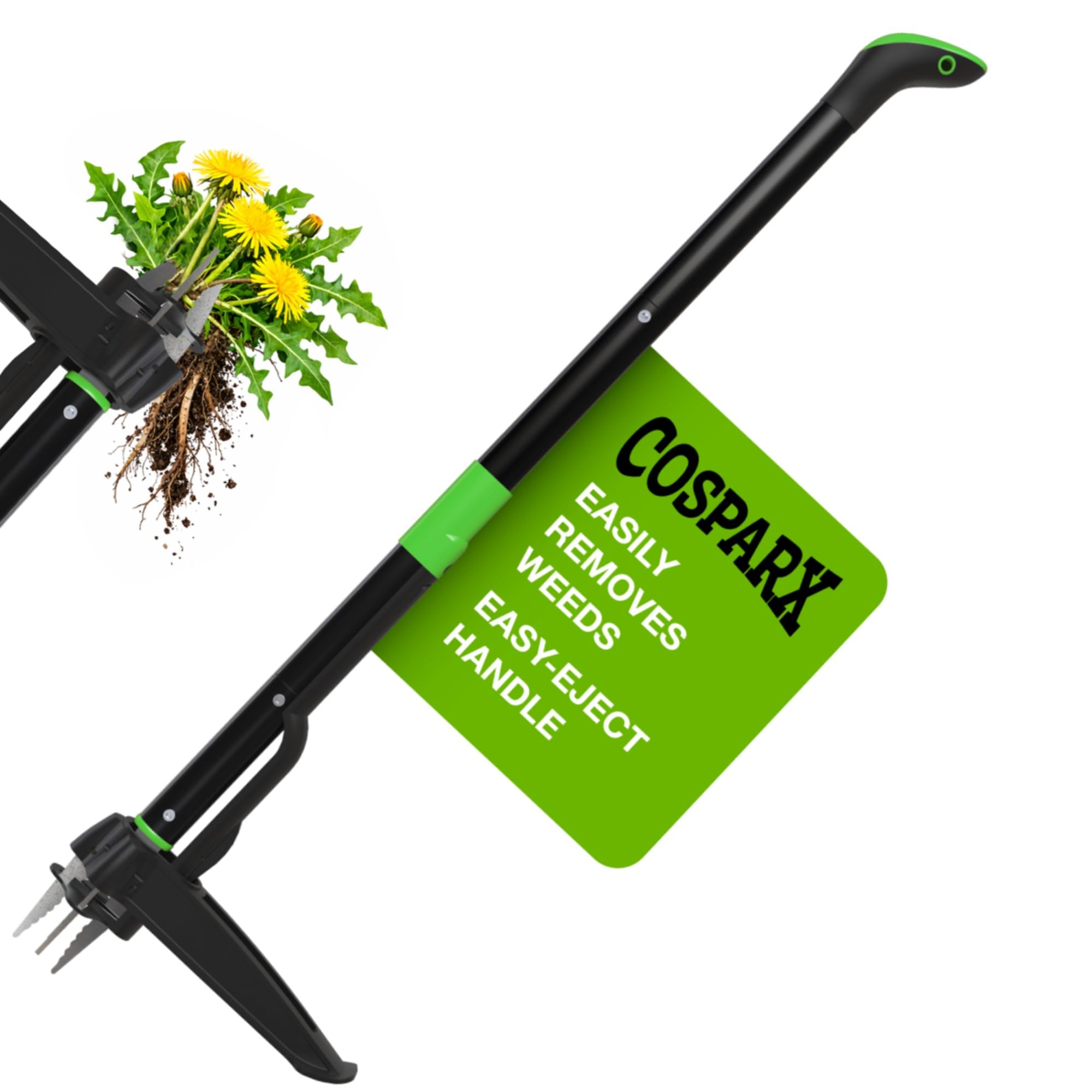 COSPARX Weed Puller Tool with Long 43” Handle, No Bending, Easy Eject – Removes Weeds Effortlessly, Sturdy Foot Pedal & Lightweight Aluminum - 4-Claw Hand Weeding Tool