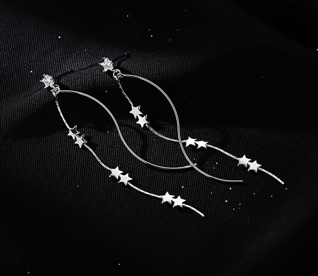 SLUYNZ Sterling Silver Star Dangle Earrings for Women Teens Girls Long Dangle Earrings Chain Curve Spiral Line Earrings Tassel (A-Silver)