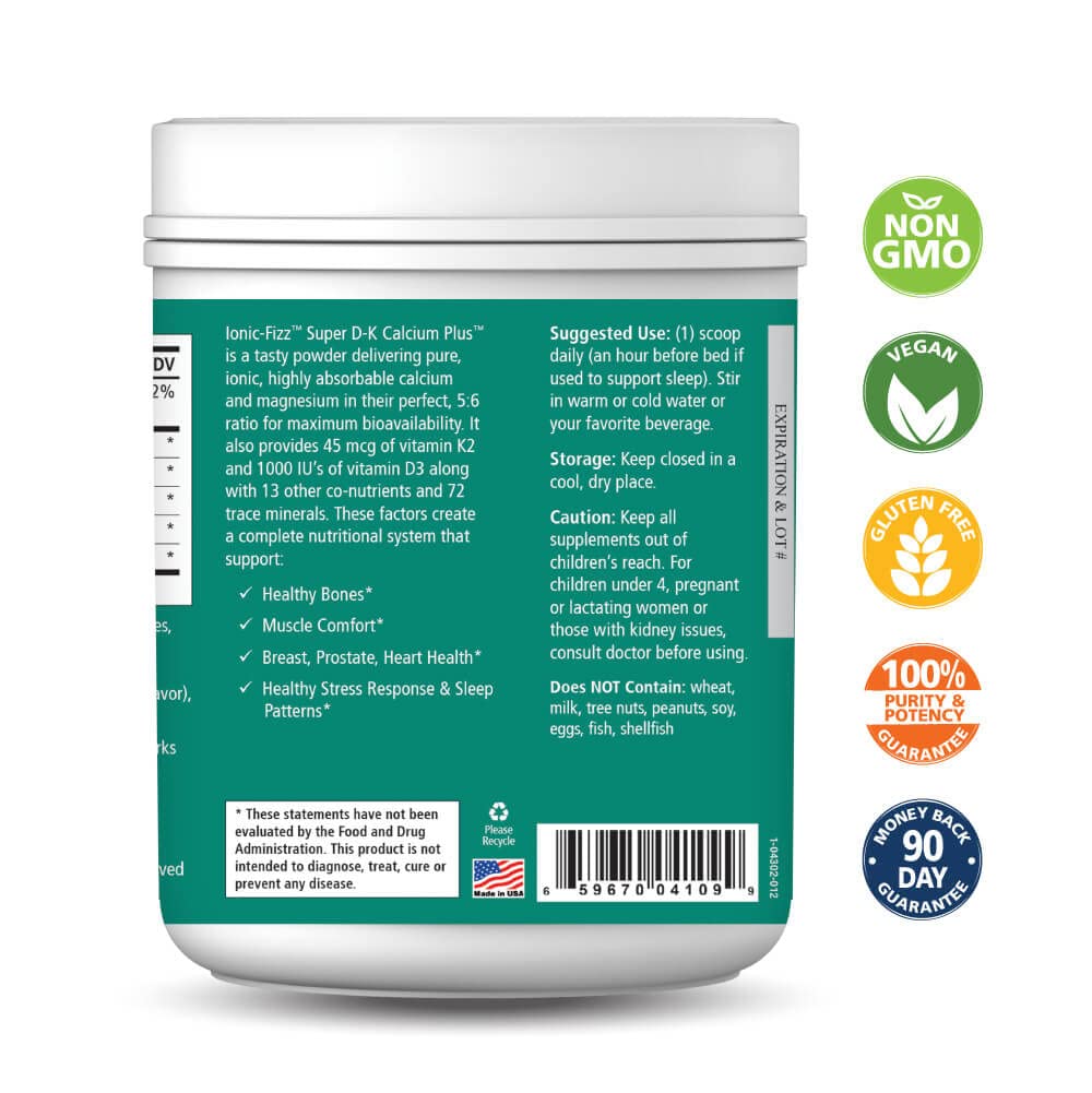 Ionic Fizz Super D-K Calcium Plus by Pure Essence - with Extra Magnesium, Vitamin D3, Vitamin K2 for Strong Bones and Stress Support - Mixed Berry - 14.82oz