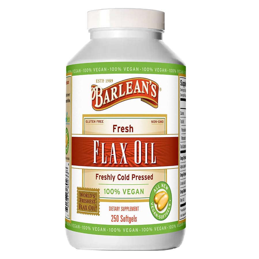 Barlean's Vegan Flaxseed Oil Supplements, Cold-Pressed Flax Seed Supplement Softgels with 1650 mg ALA Fatty Acids, 250 Count