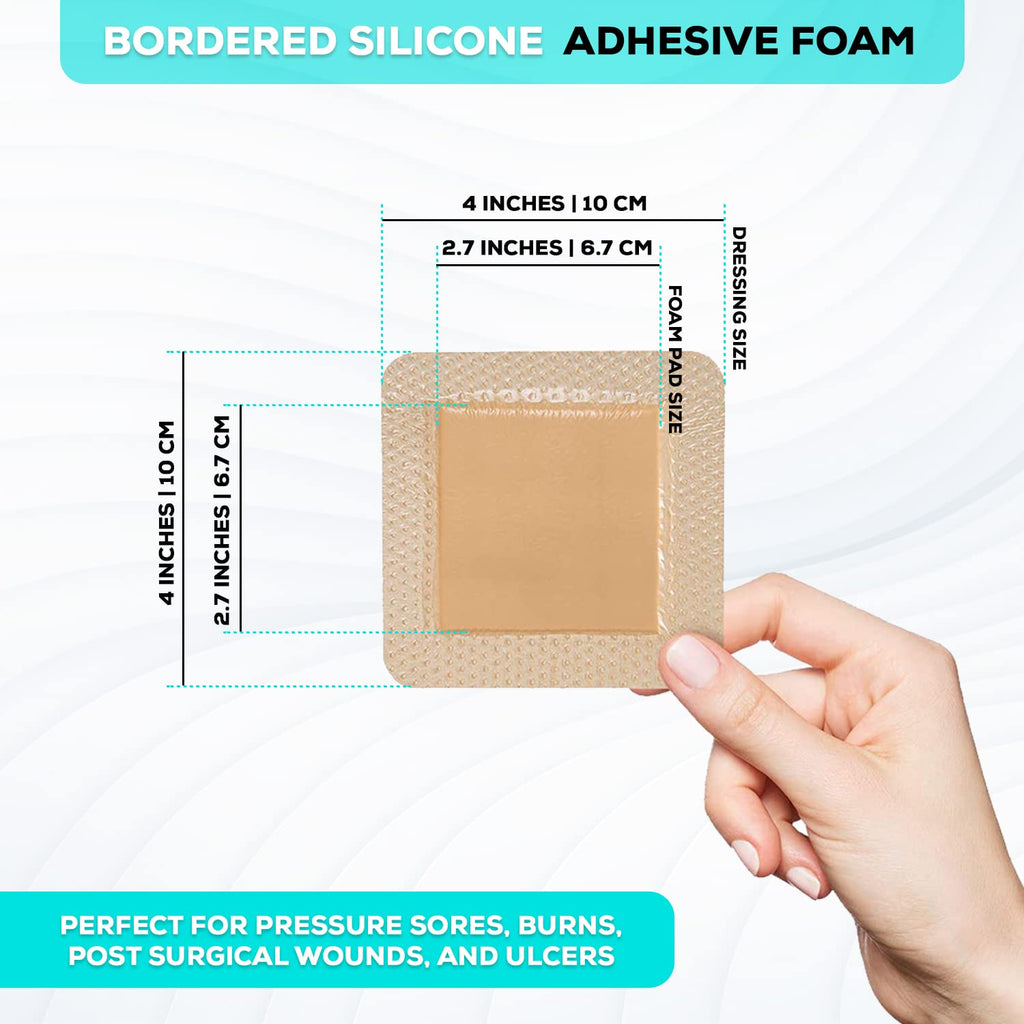 MedVance 10 Pack 4"x4" Silicone Foam Dressing Bordered Dressing, Waterproof Silicone Bandages for Wounds Care, Bed Sore Patches, Super Absorbent Wound Dressing, Self Adhesive Pressure Sore Pads