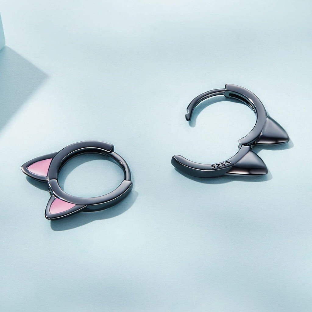 Black Cat Small Hoop Earrings Sterling Silver 925 Cute Animal Pet Pink Ears Cartilage Tragus Earrings Tiny Round Huggie Hoops Statement Earrings Fashion Jewelry for Women Girls