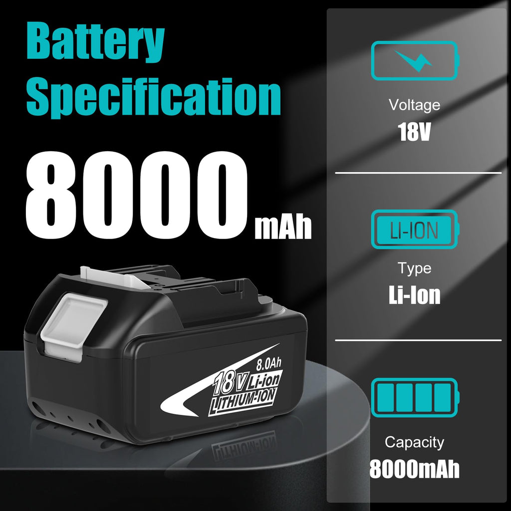 2-Pack 8000mAh High Capacity Replacement for Makita 18V Battery Compatible with Makita 18 Volt Batteries BL1860B BL1850B BL1840B BL1830B BL1815B LXT400 with LED Indicator Cordless Power Tools (White)