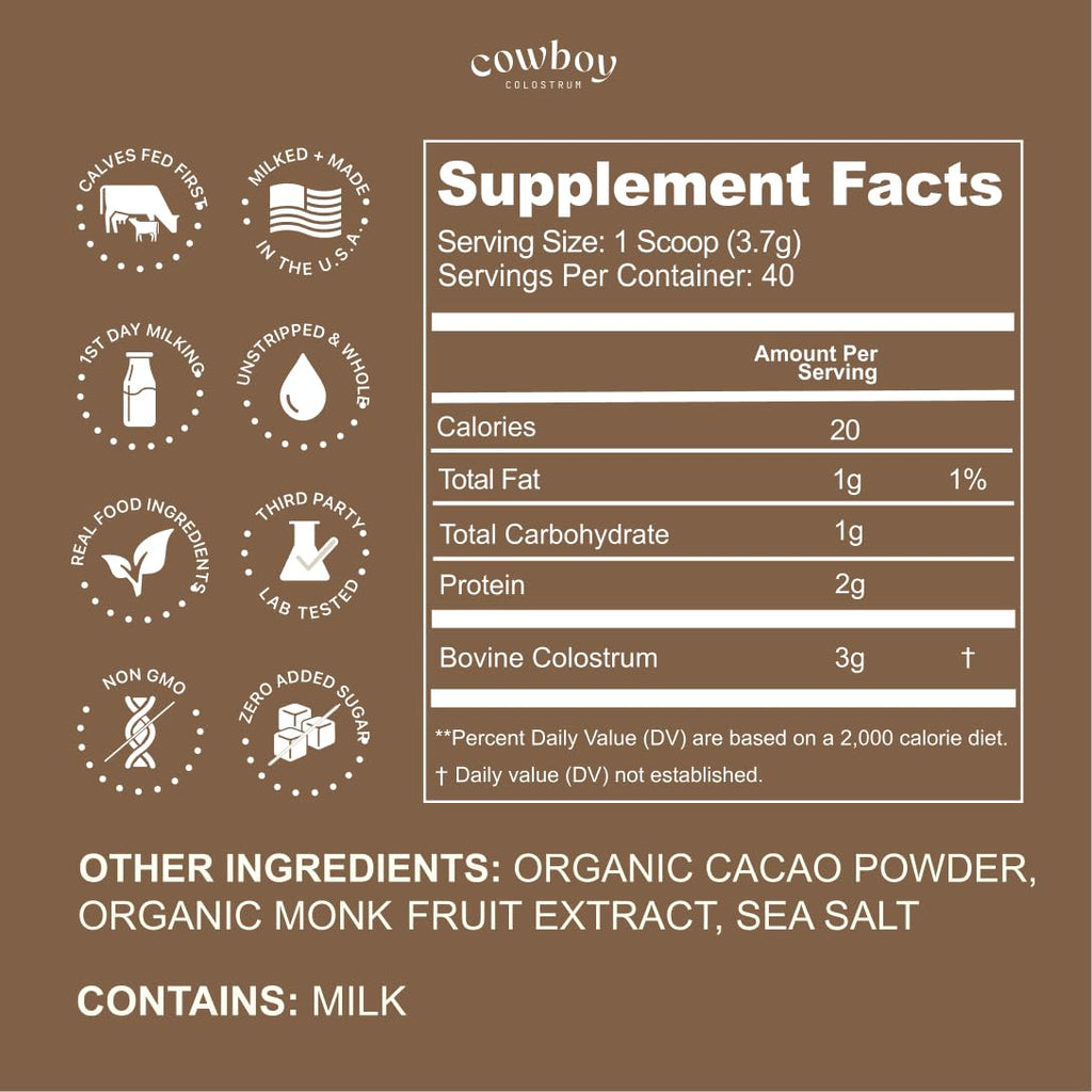 Cowboy - The Exclusive 1st Milking, Whole, Grass Fed Colostrum Supplement for Full Body Health - Bovine Colostrum Powder Packed w/Bioactive Nutrients - Sugar Free (Chocolate, 40 Servings)
