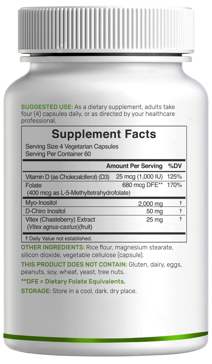 Myo-Inositol & D-Chiro Inositol Supplement for Women (40:1) | 2,050mg Per Serving | 240 Veggie Capsules | with Folate, Vitamin D3 & Vitex | Hormonal Balance & Cycle Support | Non-GMO