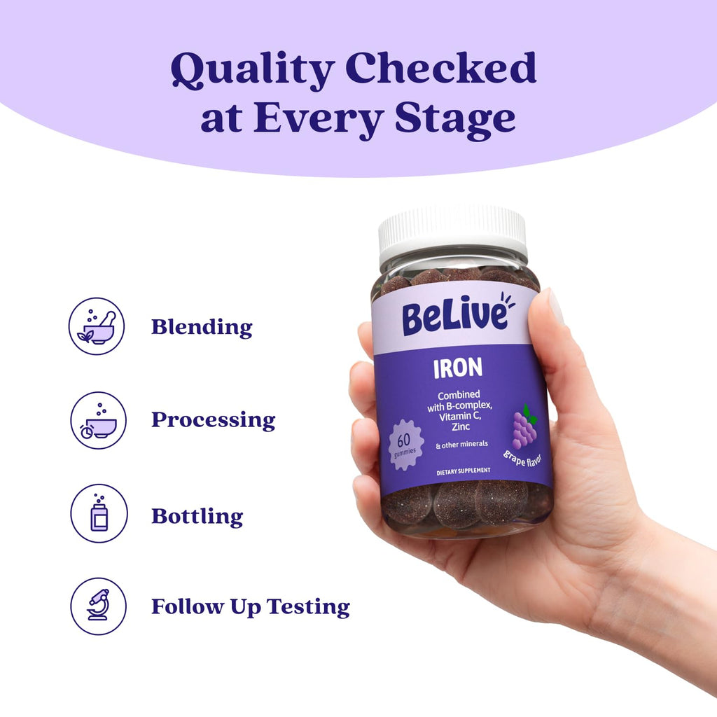 BeLive Iron Gummies - Multivitamin Iron Supplement with Vitamin C, A, B & Zinc, Supports Blood Oxygen, Vegan Supplements for Women, Men & Kids for Growth and Development - Grape Flavor | 3-Pack