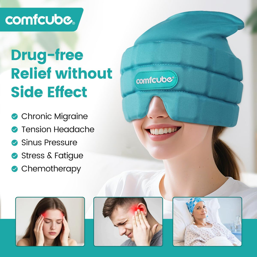 Comfcube Migraine & Headache Relief Ice Cap, 2 Hours Long Lasting Cold Therapy Wearable & Washable Form Fitting Ice Hat for Sinus & Stress Relief, Puffy Eyes, Severe Migraines, Chemo