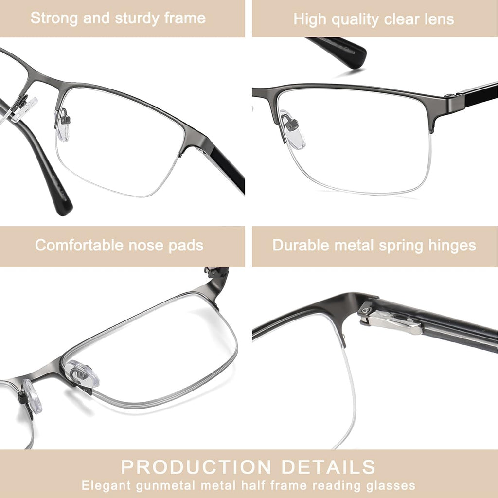 EYECEDAR 5 Pack Reading Glasses for Men Gunmetal Ultra-Thin Stainless Steel Frame Metal Spring Hinges Readers for Men and Women 1.75