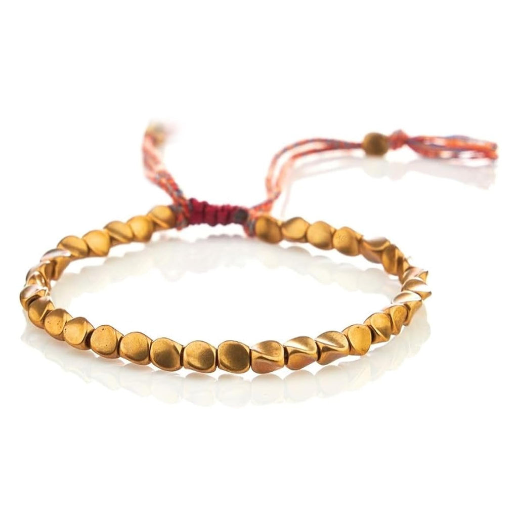 Buddha & Karma Tibetan Copper Beads Bracelet – Handmade Energy Healing for Strength, Balance & Protection – Adjustable Spiritual for Men & Women (GOLD)
