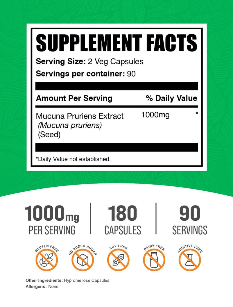 BulkSupplements.com Mucuna Pruriens Capsules - Herbal Supplements, Mucuna Pruriens Supplement, Velvet Beans - Vegan & Gluten Free, 2 Capsules per Serving (1000mg), 180 Count (Pack of 1)