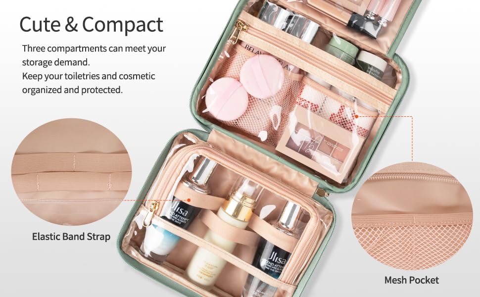 CUBETASTIC Hanging Travel Toiletry Bag, Green Makeup Organizer for Women Men, 3 Compartment Portable Cute Cosmetic Case Water-resistant Small Travel Bag for Toiletries