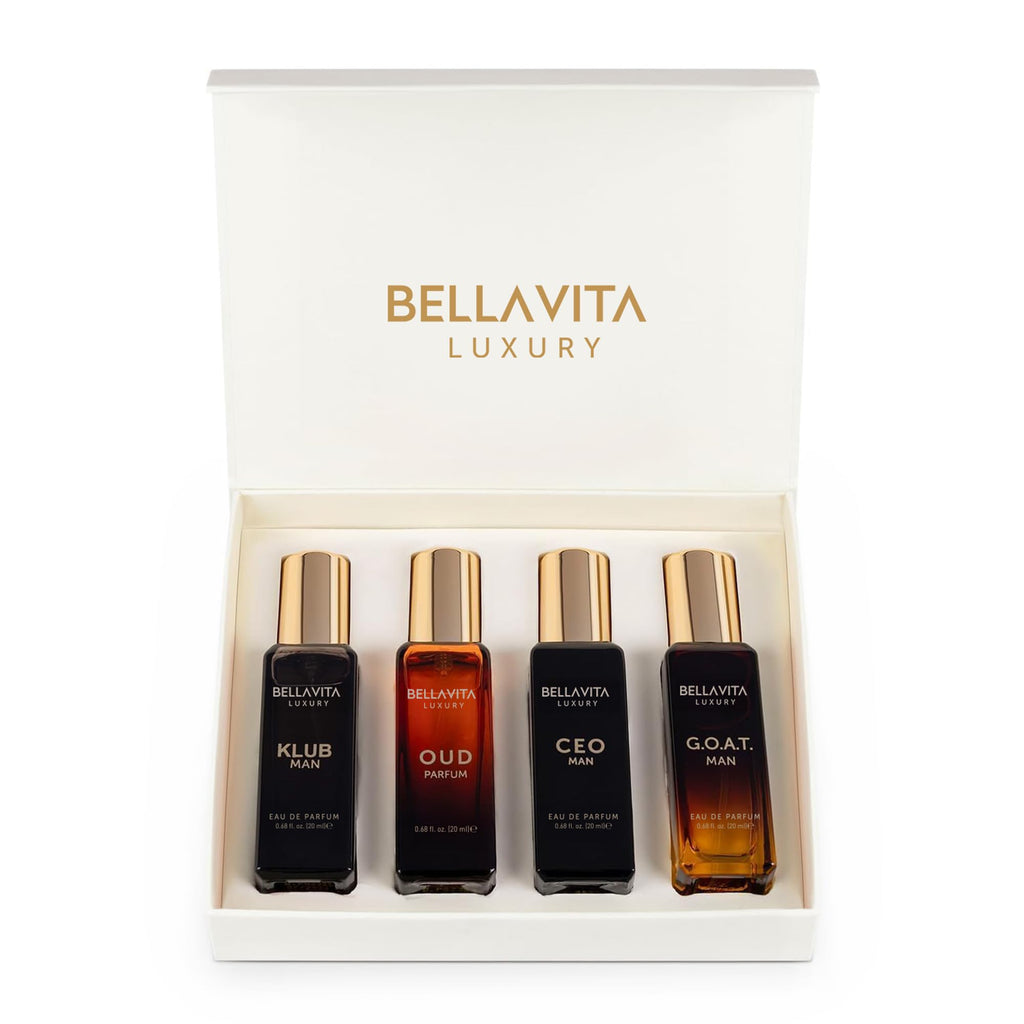 BellaVita Luxury Men's Perfume Gift Set with CEO Man, G.O.A.T., KLUB & OUD | 4 x 20ml (80ml) | Long Lasting Perfume for Men | Citrus, Woody, Patchouli & Caramel Notes