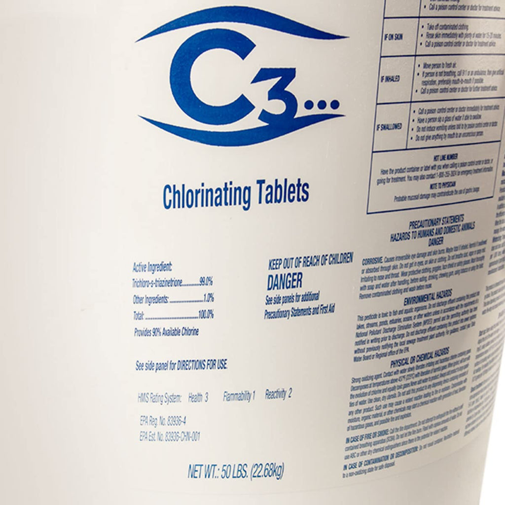 C3... 3" Stabilized Chlorine Tablets for Swimming Pools | Easy to Use | for Above Ground or Inground Pool | Individually Wrapped Chlorinating Tabs | Slow Dissolving | 50 lbs