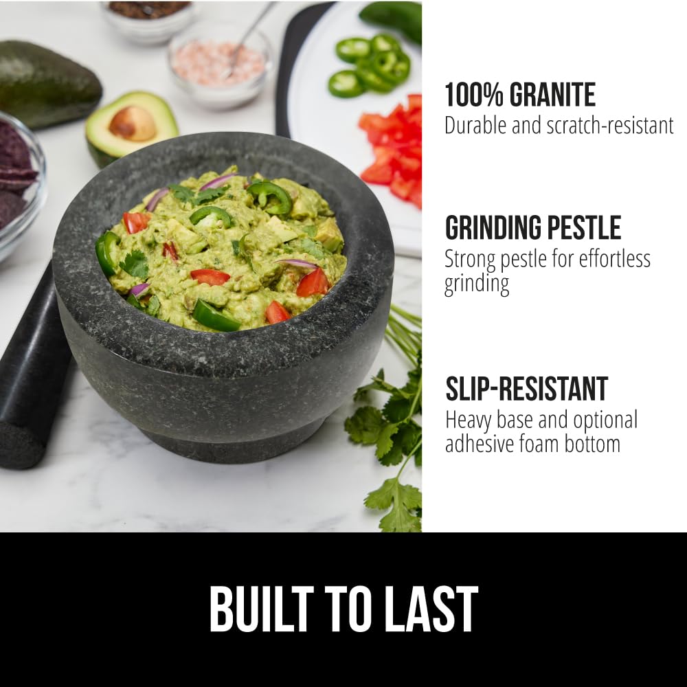 GORILLA GRIP 100% Natural Granite Stone Mortar and Pestle Set, Non-Scratch Base, Heavy Duty Polished Molcajete Guacamole Salsa Bowl, Grind Seeds, Herbs, Pills, Kitchen Lab Muddler, 1.5 Cup Black