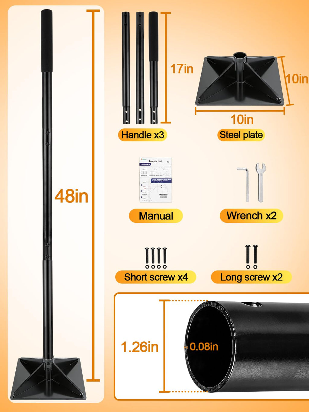 Upgraded 0.12 Psi Compaction Pressure Effortless Heavy-Duty 10"x10" Steel Tamper - Ergonomic Soil Tamper Tool with 48" Handle, Garden Landscaping Hand Tools for Ground & Gravel Leveling Dirt Compactor