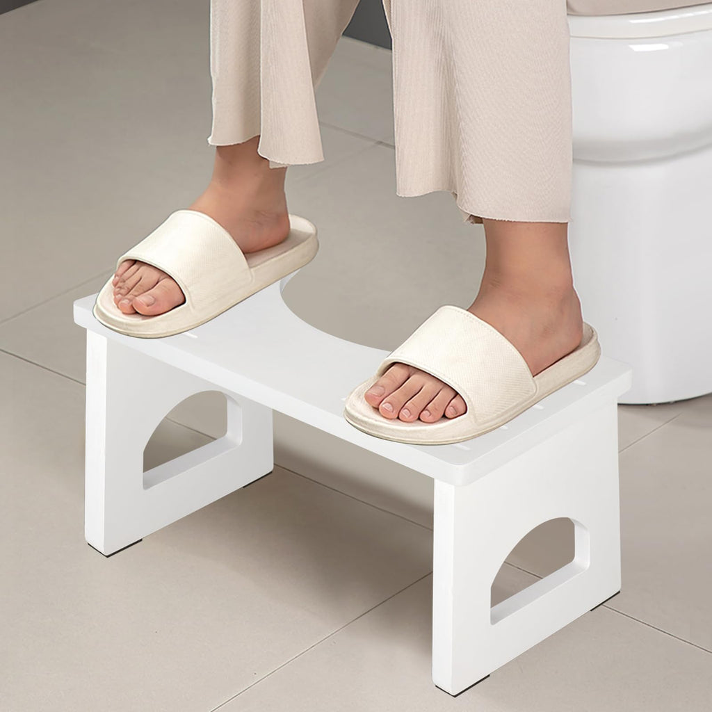 Foldable Toilet Stool, 7 Inch Poop Stool for Bathroom, Bamboo Toilet Stool Squat Adult, Collapsible Squatting Potty Stool with Non-Slip Strip - Improve Squatting Posture and Comfort, White