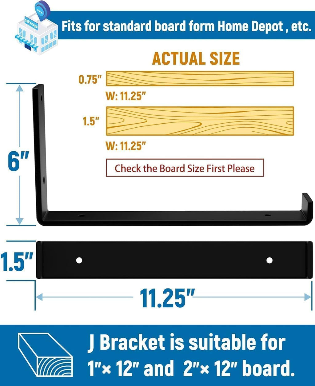 LEOPO 12 inch Shelf Brackets 8-Pack ,1/5 inch Thick Heavy Duty Industrial Bracket for DIY Floating Shelf Support, Black Coated Wall Shelf Support 11.25” x 6” x 1.5”