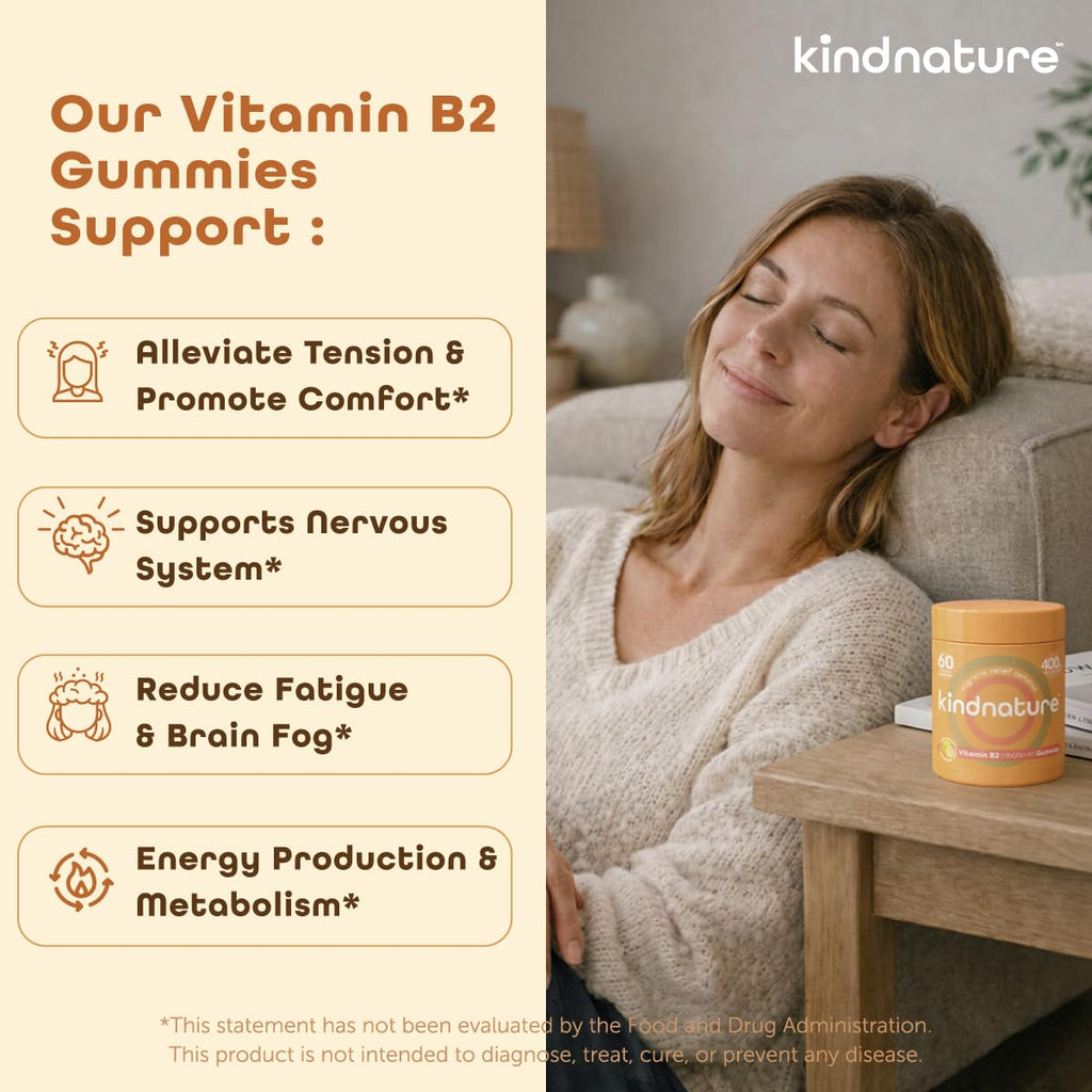 kindnature Vitamin B2 Gummies - Riboflavin 400mg Supplement for Kids & Adults - Non-GMO, Soy & Gluten-Free, Vegan Chewable Gummies (30 Day Supply)