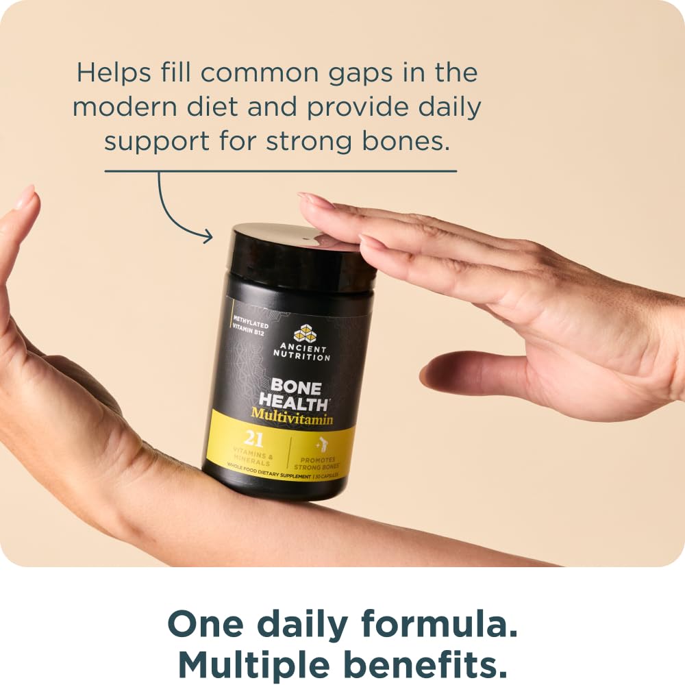 Ancient Nutrition Bone Health Multivitamin, Supports Bone Density, Bone Building & Remodeling, 21 Vitamins & Minerals with Milk Protein Peptides, Methylated B Vitamins & Chelated Minerals, 30 Servings
